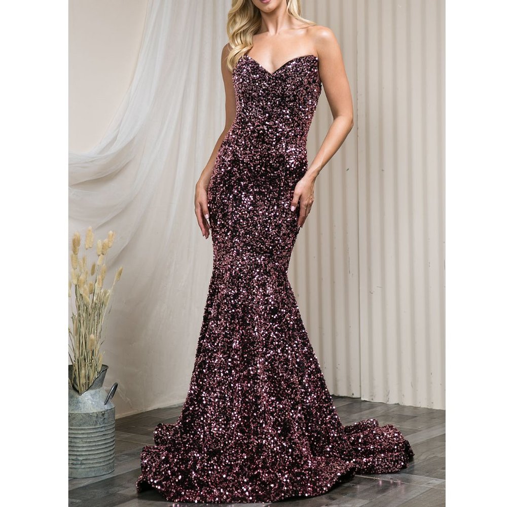 Amelia Couture Pink/Black Formal Sequined Strapless Sweetheart Prom Mermaid Gown
